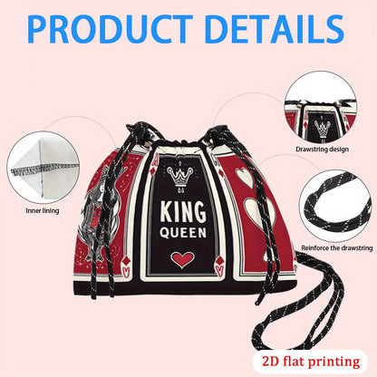 1pc Women's King & Queen Playing Card Print Crossbody Bag - Vibrant Red/Black/White Design with Hearts & Spades, Lightweight Drawstring Closure, Reusable Polyester Purse for Weddings, Parties, Travel, Everyday Use - Gift Idea