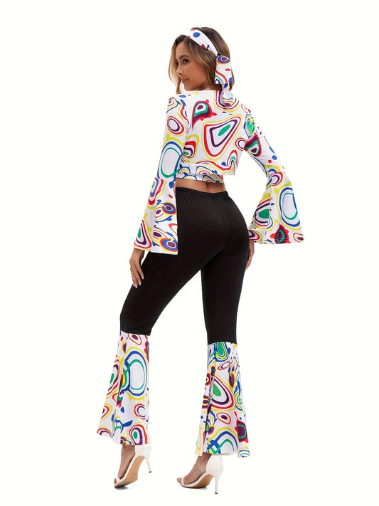 Women'S 1970s Retro Disco Pop Costume Set - Two-Piece Y2K Vintage Outfit with Bell-Bottom Pants & Bell Sleeves, Loose Fit Stretchy Fabric, Multicolor Abstract Print (Pink/Blue/Green/Orange/White/Black) for Halloween, Themed P