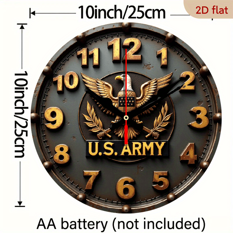 9.8" U.S. Army Silent Wall Clock - 2D Flat Printed Eagle Olive Branch Design, Artificial Wood Quartz Battery Operated (AA), Non-Luminous Military-Themed Home Decor for Living Room, Bedroom, Coffee Area, Clock for Living Room,