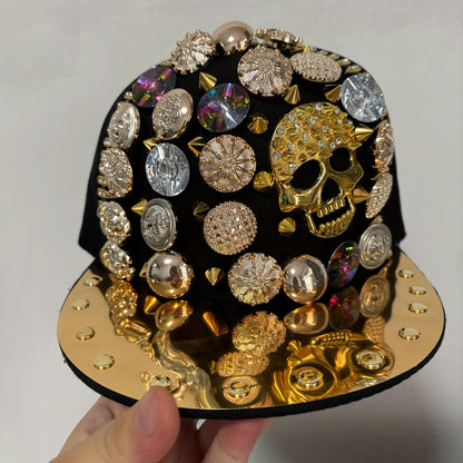 Handcrafted Rivet Studded Fashion Baseball Cap - Lightweight Polyester, Casual Street Style with Colorful Gemstones and Skull Motif for Dance and Performance