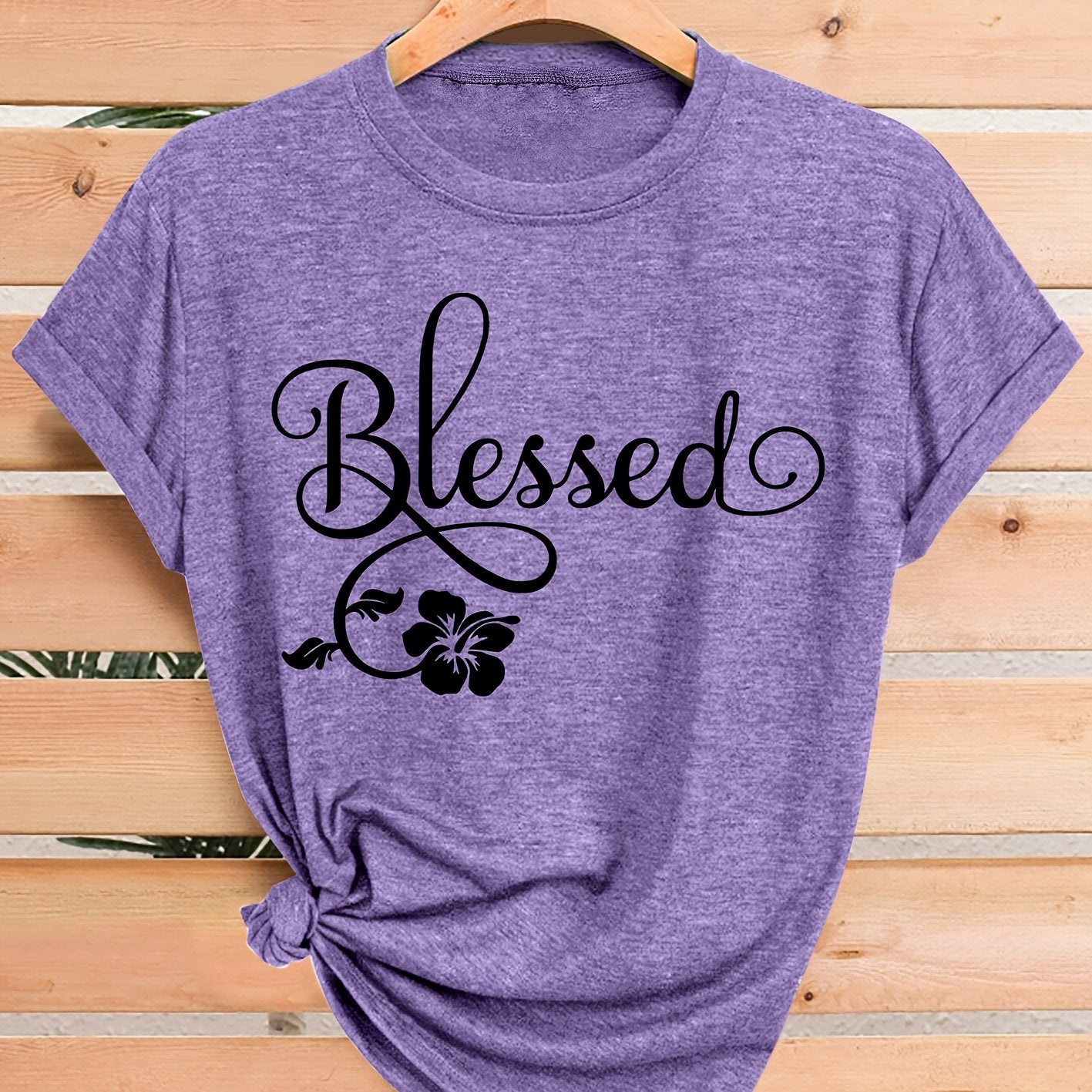 Women's Casual Short Sleeve T-Shirt - Blessed Floral Print Retro Style, Soft Stretch Round Neck Top, Machine Washable All-Season Comfort, Multi-Color Options S-XXL, Ladies T Shirts