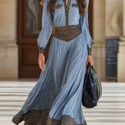Women' Leopard Print -Neck Pleated Maxi Dress with Waist Definition - Vintage French Elegant Fitted Dress Suitable for Dates, Work & Social Events - Hand Washable Fall/Winter Long Dress