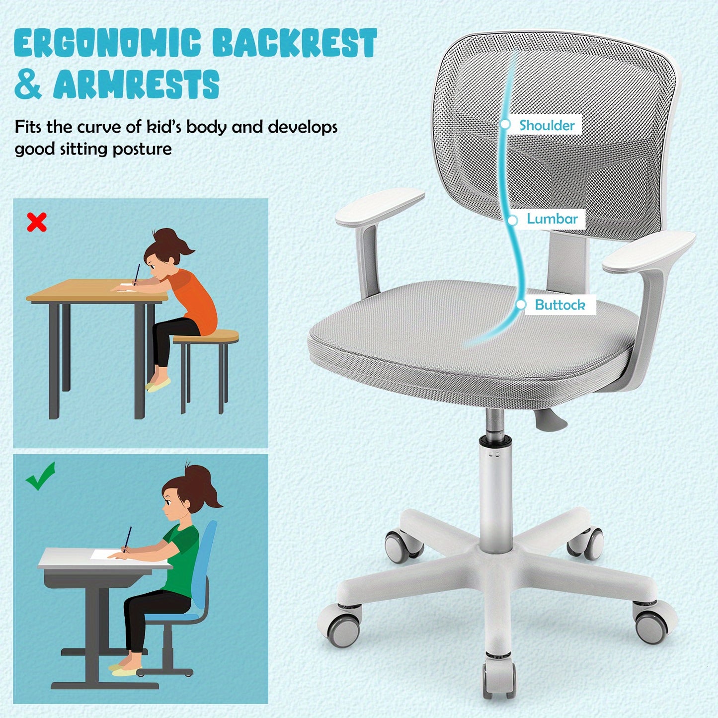 COSTWAY Kids Adjustable Height Desk Chair with Ergonomic Y-Shaped Back Support, 360° Swivel & 5-Wheel Mobility, Heavy-Duty 330 lbs Capacity, Mesh & Cushioned Seat with Armrests - Heavy-Duty Plastic Construction, Easy Assembl