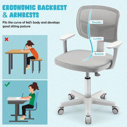 COSTWAY Kids Adjustable Height Desk Chair with Ergonomic Y-Shaped Back Support, 360° Swivel & 5-Wheel Mobility, Heavy-Duty 330 lbs Capacity, Mesh & Cushioned Seat with Armrests - Heavy-Duty Plastic Construction, Easy Assembl