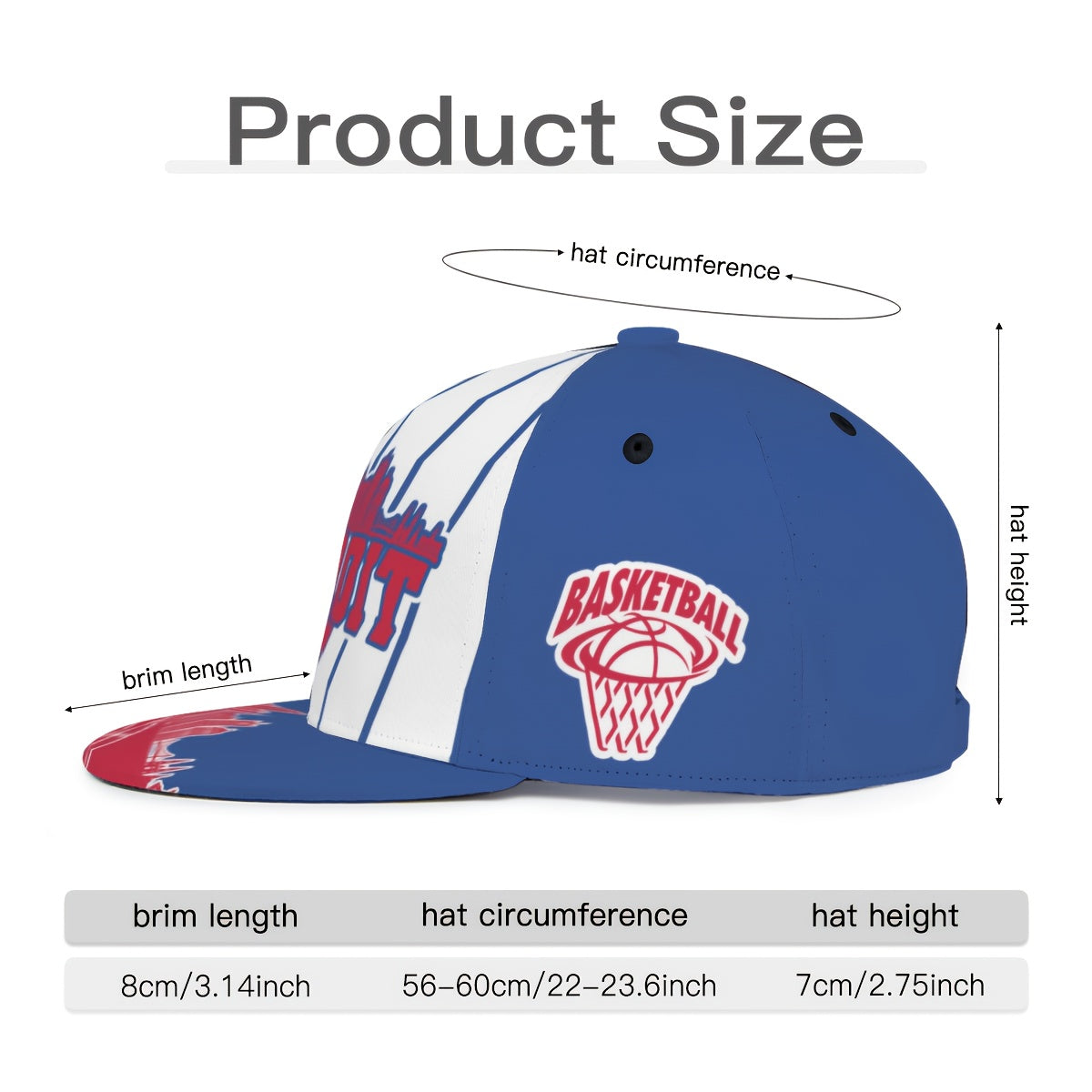 Unisex Basketball Cap with a Flat Brim - Adjustable Hat Featuring a Snap Closure, Creatively Designed with Detroit City Vertical Stripe Print - Game Day Cap - Fan Apparel - Breathable for All Seasons - Suitable for Outdoor An