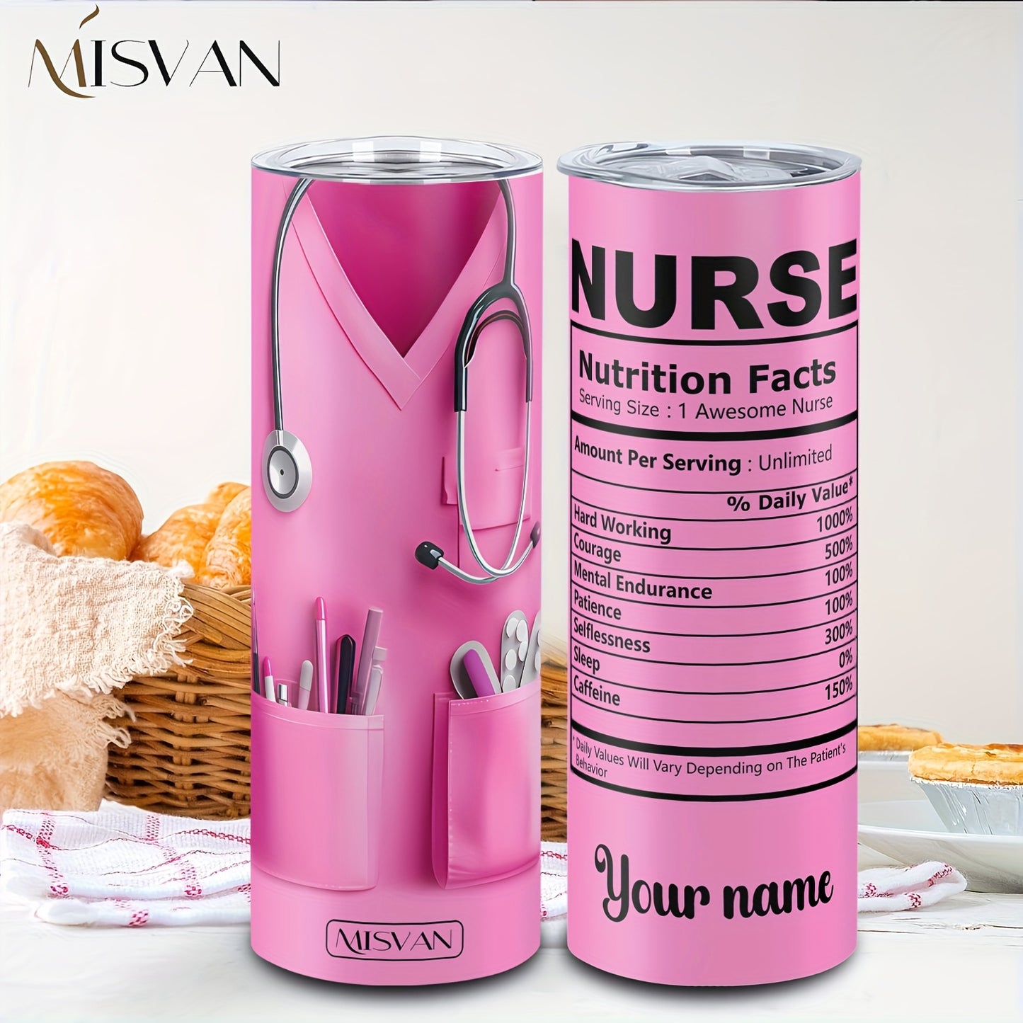 1pc MISVAN Nurse-Themed 20oz Vacuum Insulated Cup with Lid - Customizable "Your Name" Design, Pink Stethoscope & Medical Symbol, Perfect Gift for Mother'S Day, Father'S Day, Nurses' Day & Birthdays, Travel & Sports Drinkware,