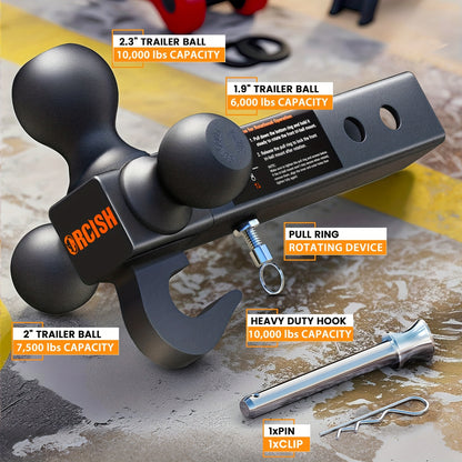 Trailer Hitch Tri-Ball Mount with Hook & Pin, Hitch Ball Size 1-7/8", 2" And 2-5/16", Fit 2 Inch Hitch Receiver, Max GTW 10, 000 LBS, Fit 2 Inch Hitch Receiver, Tow Hitch for RVs, SUVs, ATVs, And Trucks