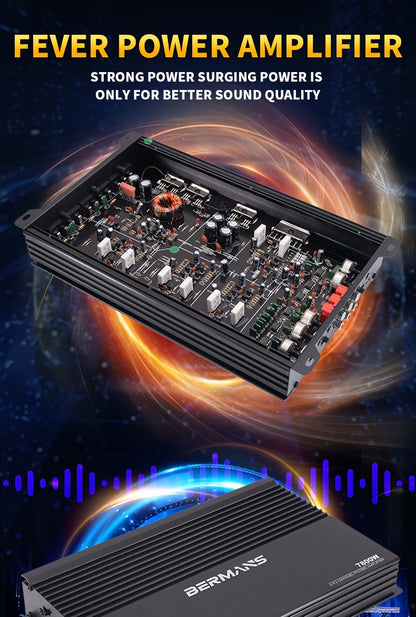 Bermans 7800W Max Power 4-Channel Class AB Car Amplifier - 12V High-Power Stereo Amplifier with MP3 Cable Compatible RCA Inputs, Compact Auto Sound System for Subwoofer & Speaker, Car Audio Upgrade (Compatible with Smartphone