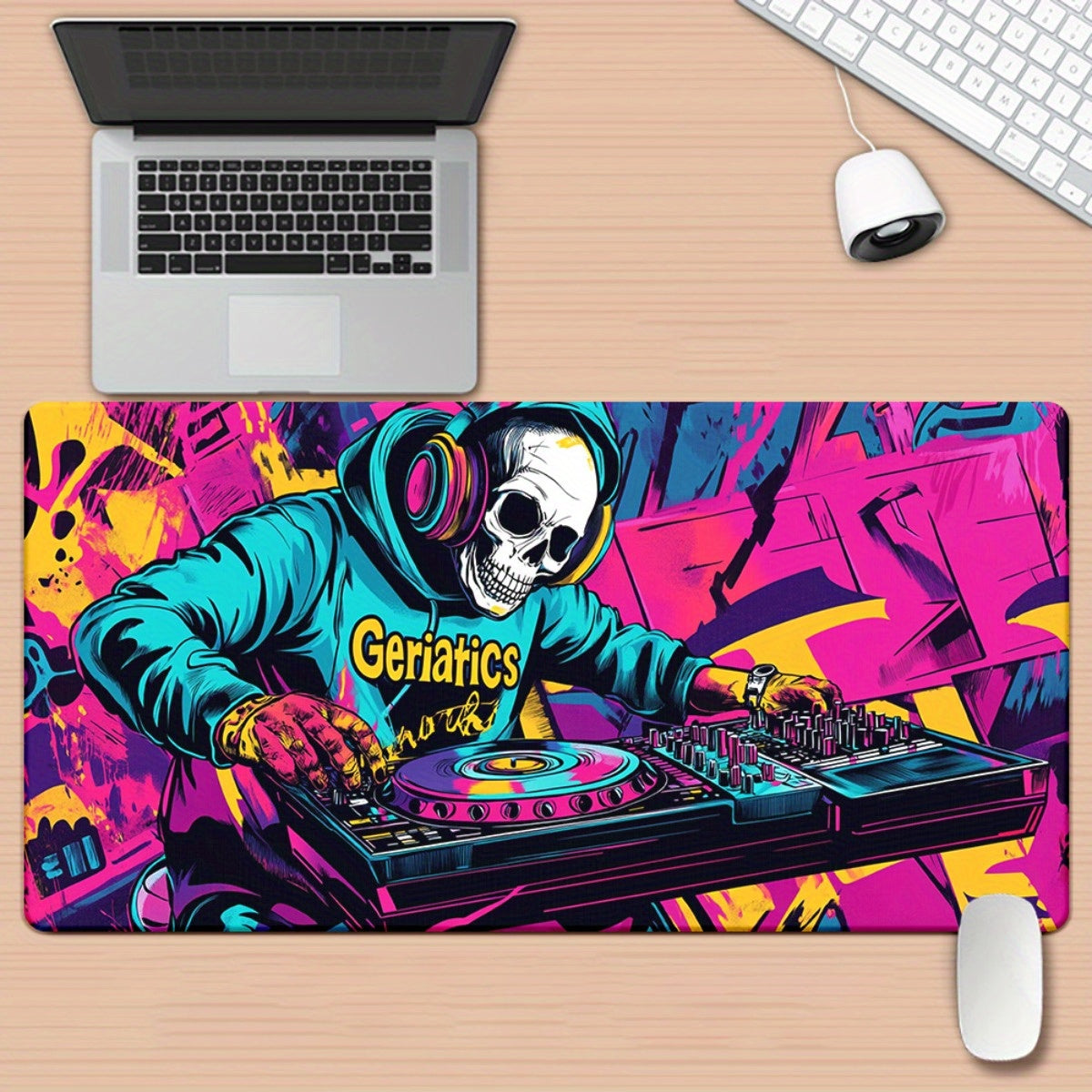 1pc Vibrant DJ Skeleton with Musical Notes HD Printed Desk Pad - XXL Mousepad, Keyboard & Gaming Mat, Rubber Base, Ideal for Office & PC Gamers, Perfect Gift for Family & Friends, Gaming Desk Accessory|Vibrant Desk Mat|Rubber