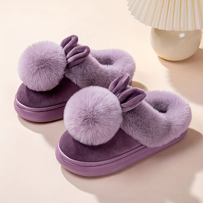 [Cozy House Shoes] 2025 New Autumn & Winter Single Ball Rabbit-Ear Design Warm Slippers for Men & Women - Couples' House Shoes with Thick Sole & Semi-Enclosed Back | Indoor/Outdoor Slides | Lightweight & Quiet Home Footwear |
