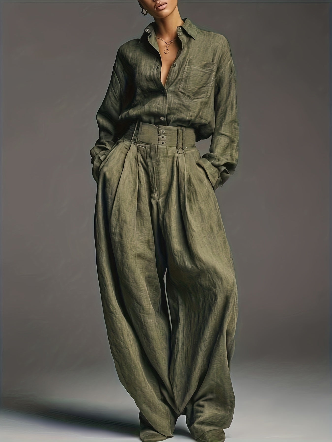 Early Autumn Women'S Fashion Two-Piece Set | Solid Color Shirt and Pants with Casual Style and Fake Buttons Detail