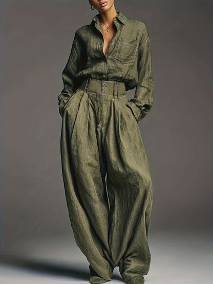 Early Autumn Women'S Fashion Two-Piece Set | Solid Color Shirt and Pants with Casual Style and Fake Buttons Detail