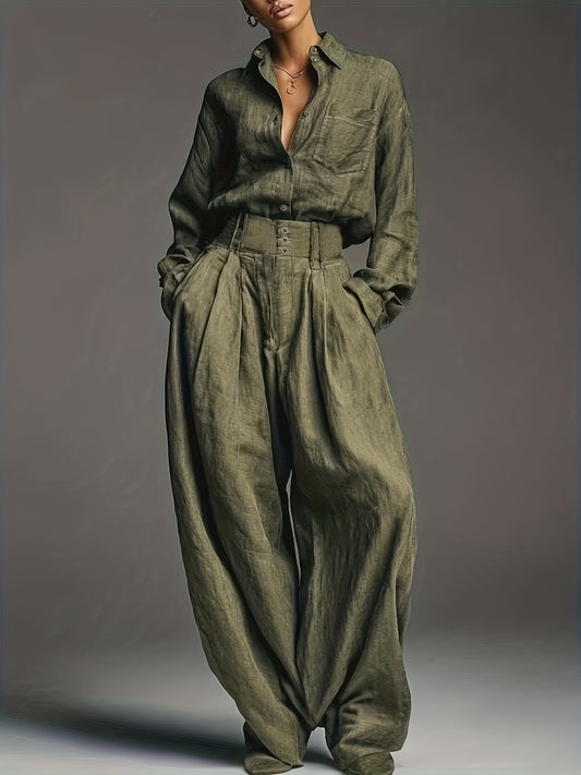 Early Autumn Women'S Fashion Two-Piece Set | Solid Color Shirt and Pants with Casual Style and Fake Buttons Detail