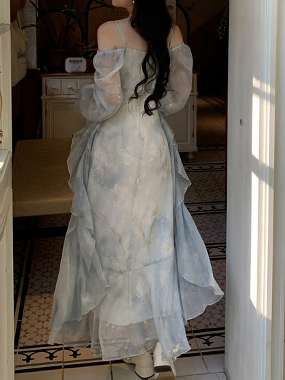 A Stylish Off-Shoulder Long Sleeve Dress for Women Featuring a Lavender Floral Pattern, Ruffle Collar, And A-Line Silhouette. Suitable for Both Formal And Casual Occasions, This Machine Washable Dress Is Perfect for Spring An