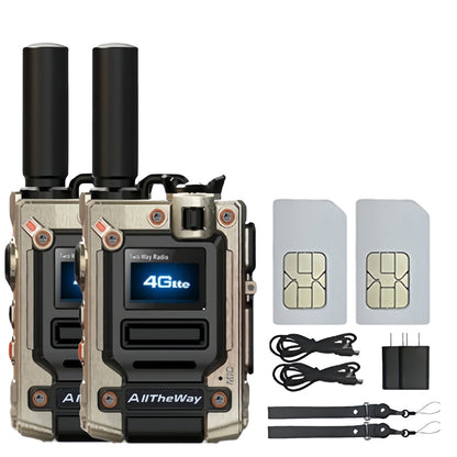 2-pieces AllTheWay metal color long-distance global walkie talkie, two-way communication, ultra long battery life, equipped with 1 SIM card per unit, 2G/3G/4G/5G, 5000KM extended distance, suitable for work site and long-dist