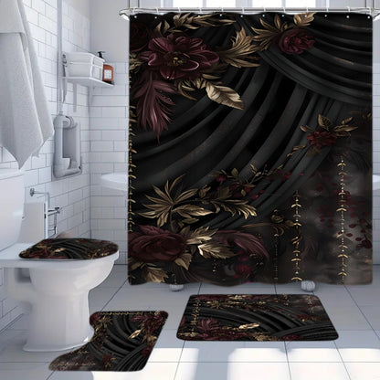 A Set of 1-4 Gold-Plated Rose Design Shower Curtains for The Bathroom, Complete with 12 Hooks, a Non-Slip Bath Mat, a U-Shaped Toilet Pad, a Toilet Seat Cover, And Decorative Items for The Bathroom, Ideal for Shower Curtain S