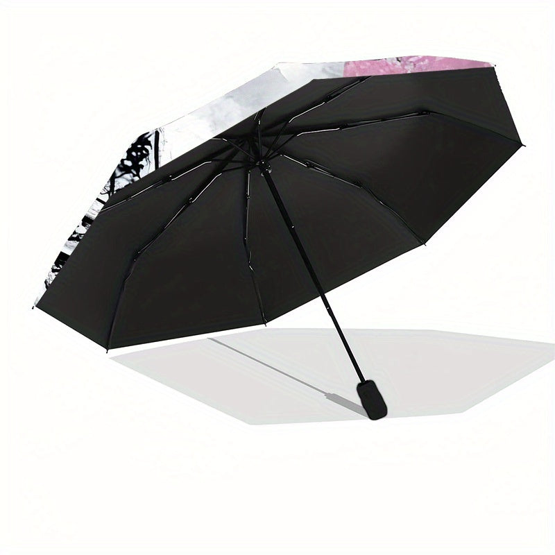 Automatic Open/Close Umbrella with Eiffel Tower Design - Parisian Landmark Pattern in Black/White/Pink/, Compact Folding Parasol with 8-Rib Sturdy Frame, Auto Umbrella for Travel, Everyday & Special Events - Ideal French Trav