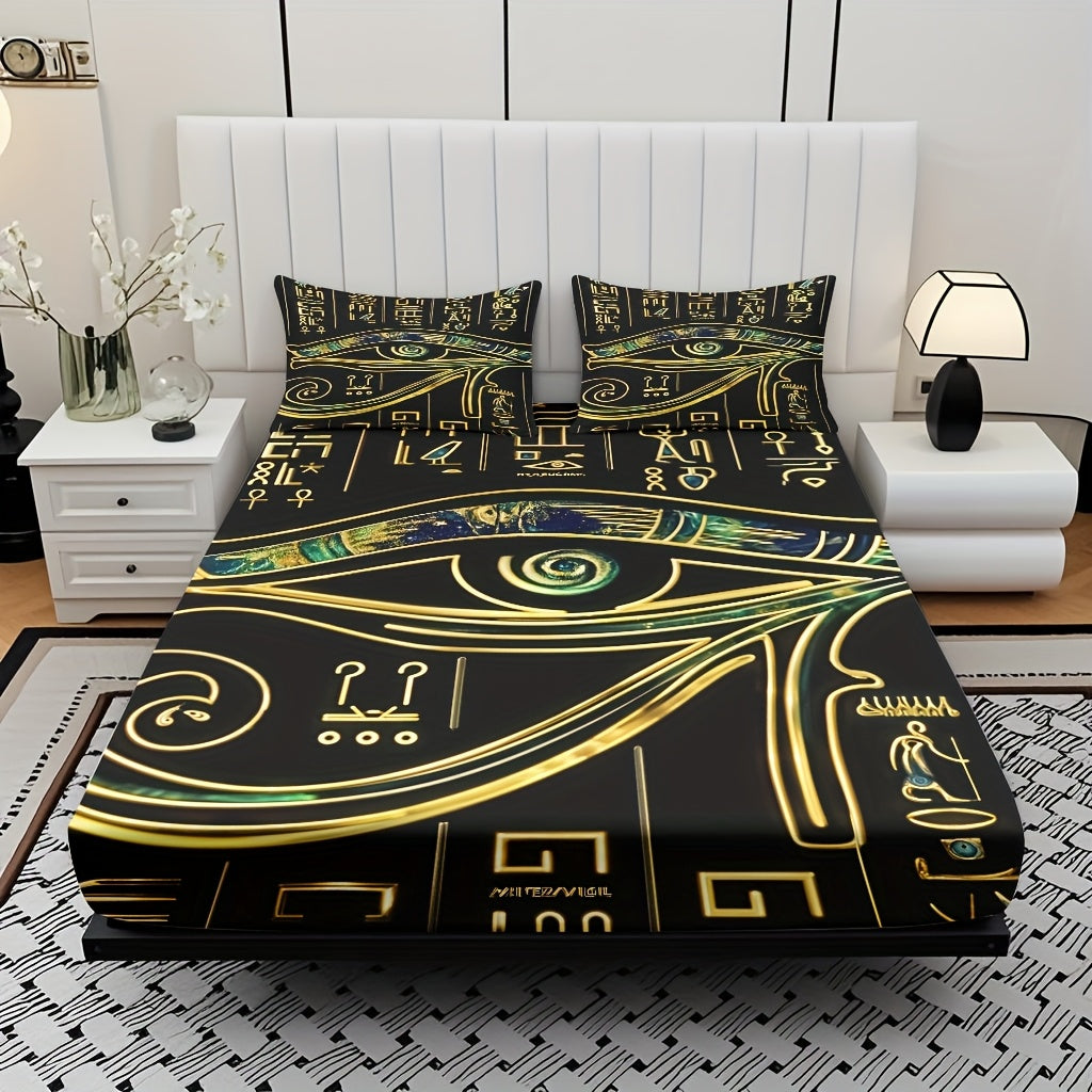 3pcs Comfortable Egyptian Hieroglyphics Theme Bed Fitted Sheet Set - Soft High-Definition Digital Print, Soft, Breathable 100% Polyester, Perfect Gift, All-Season Family And Friends Gift