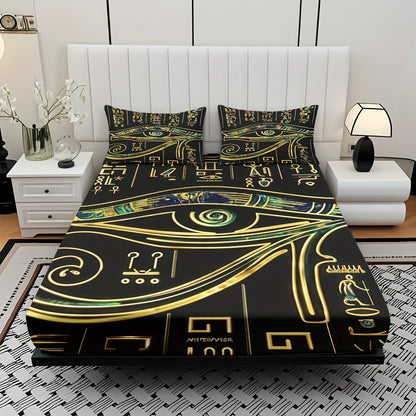 3pcs Comfortable Egyptian Hieroglyphics Theme Bed Fitted Sheet Set - Soft High-Definition Digital Print, Soft, Breathable 100% Polyester, Perfect Gift, All-Season Family And Friends Gift