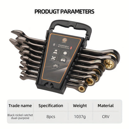 8pcs Black nickel ratchet wrench set, fixed head dual head dual-use wrench, 72 teeth industrial use, CRV steel material, industrial wrench, sturdy and durable, suitable for industrial tools such as motorcycle, car maintenance