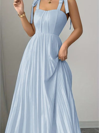 Plus Size - Plus-Size Women'S Elegant Halter Neck A-Line Dress with Bow Accent & Pleated Skirt - Vibrant Pink Floor-Length Formal Party Wedding Guest Dress, Round Neck Long Sleeve Spring/Autumn Evening Gown, Structured Fit fo
