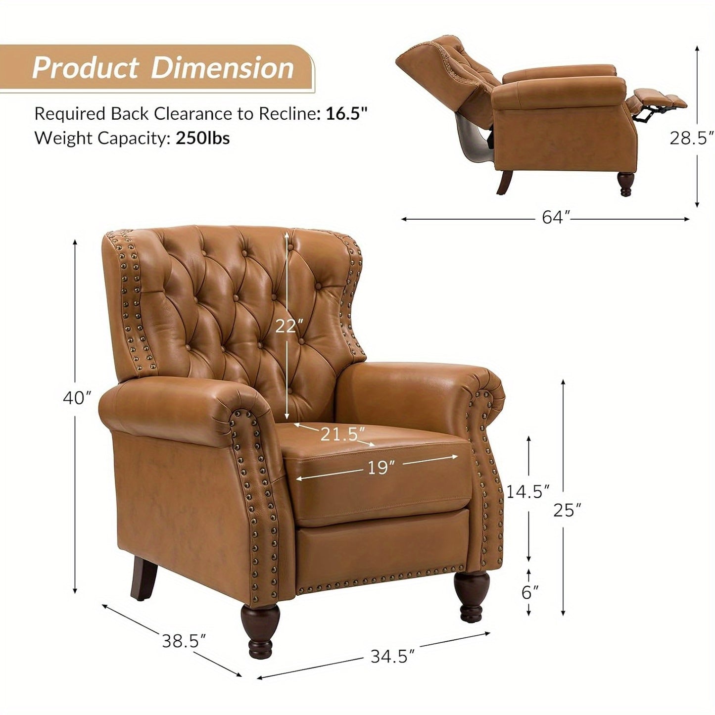 Genuine Leather Recliner Chair - Manual Push Back Recliner Sofa w/ Solid Hardwood Legs, Brown Luxury Living Room Armchair, Easy Assembly Non-Electric Recliner for Home Theater & Reading Nook - Durable Leather Upholstery, Soph
