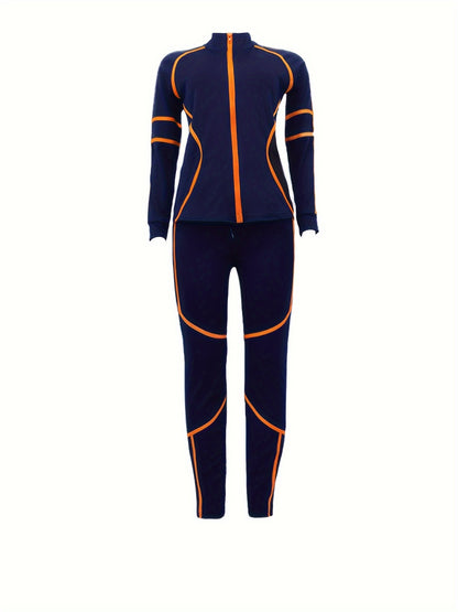 Contrast Trim Casual Spring & Fall Two-piece Set, Zip Front Long Sleeve Top & Slim Pants Outfits, Women's Clothing