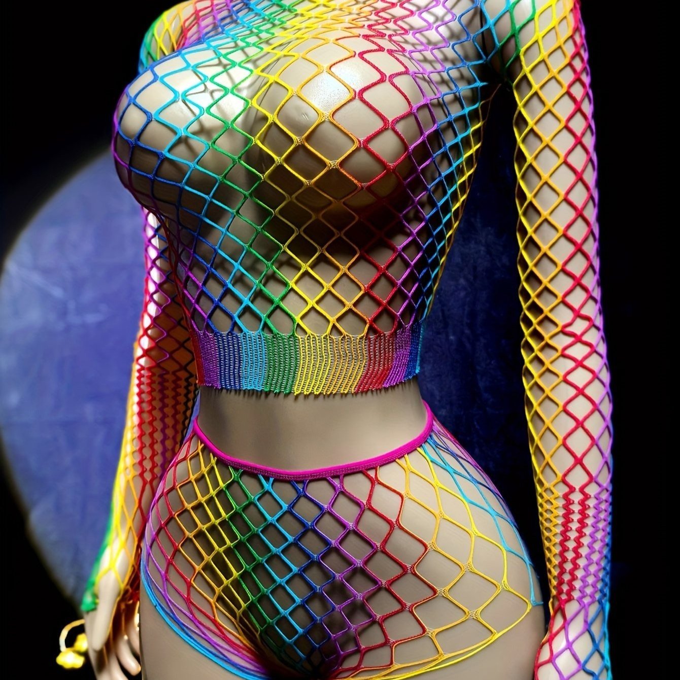 1 set of Women's sexy lingerie set, bright fishnet top, Women's bright rainbow fishnet top, hollow design, elastic nylon, see-through beachwear and swimwear, for music festivals, vacations and summer outings