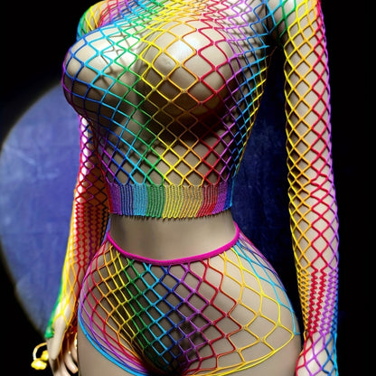 1 set of Women's sexy lingerie set, bright fishnet top, Women's bright rainbow fishnet top, hollow design, elastic nylon, see-through beachwear and swimwear, for music festivals, vacations and summer outings