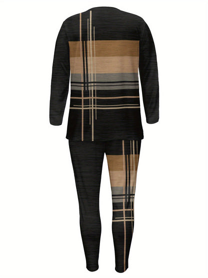 Women'S Casual Striped Print Long Sleeve Crew Neck Jumpsuit with Pockets, 100% Polyester Fabric, Slight Stretch Pullovers, Fashion Lash Sets for Everyday Wear