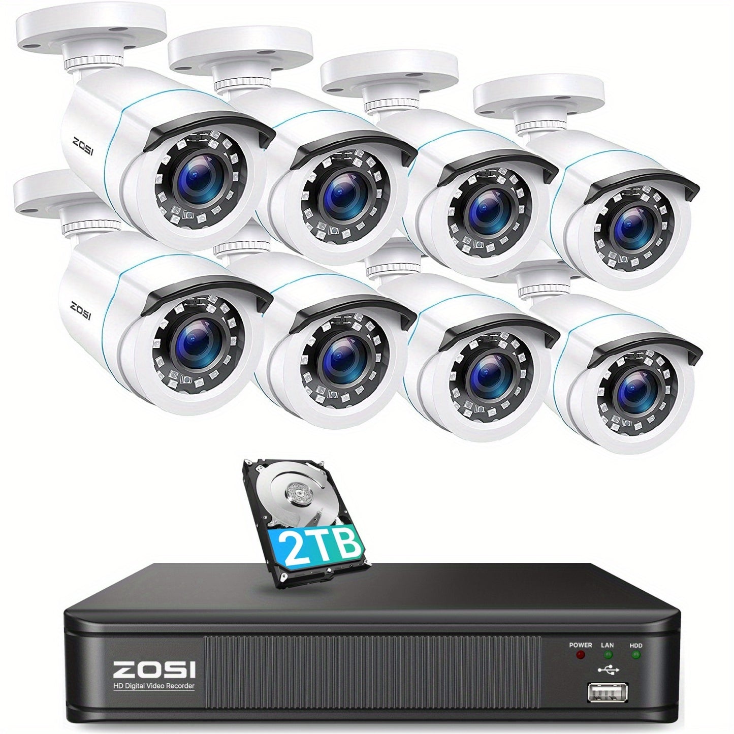 ZOSI 8 x 1080P 1920TVL Surveillance Cameras Indoor Outdoor & 8CH 2MP Security Camera System with AI Human/Vehicle Detection, Person Vehicle Detection, Night Vision, Remote Access, Pre-installed 2TB Hard Drive, Property Protec