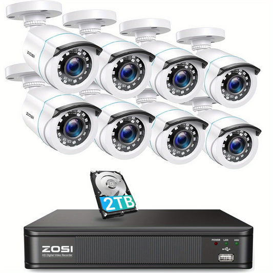 ZOSI 8 x 1080P 1920TVL Surveillance Cameras Indoor Outdoor & 8CH 2MP Security Camera System with AI Human/Vehicle Detection, Person Vehicle Detection, Night Vision, Remote Access, Pre-installed 2TB Hard Drive, Property Protec