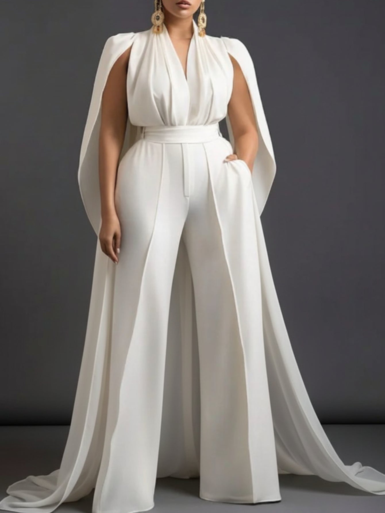 White V-Neck Capelet Waist- Wide-Leg Maxi Jumpsuit | Elegant and Exquisite Style Perfect for Parties, Formal Occasions & Light Social Events