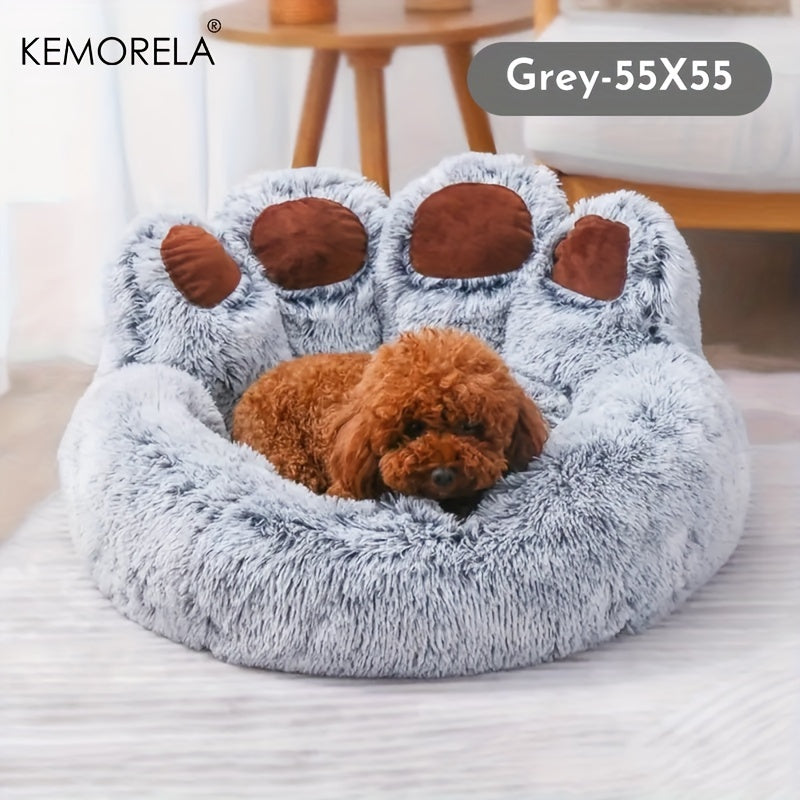 Bear Paw-Shaped Plush Pet Bed with Non-Slip Bottom - KEMORELA - Soft Polyester & Polyester Fiber Fill - Cozy Warm Cat & Dog Bed for Small Pets - Cute Animal-Themed Home Decor - Playful Design