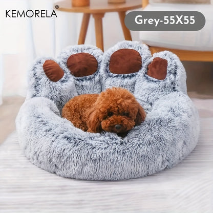 Bear Paw-Shaped Plush Pet Bed with Non-Slip Bottom - KEMORELA - Soft Polyester & Polyester Fiber Fill - Cozy Warm Cat & Dog Bed for Small Pets - Cute Animal-Themed Home Decor - Playful Design