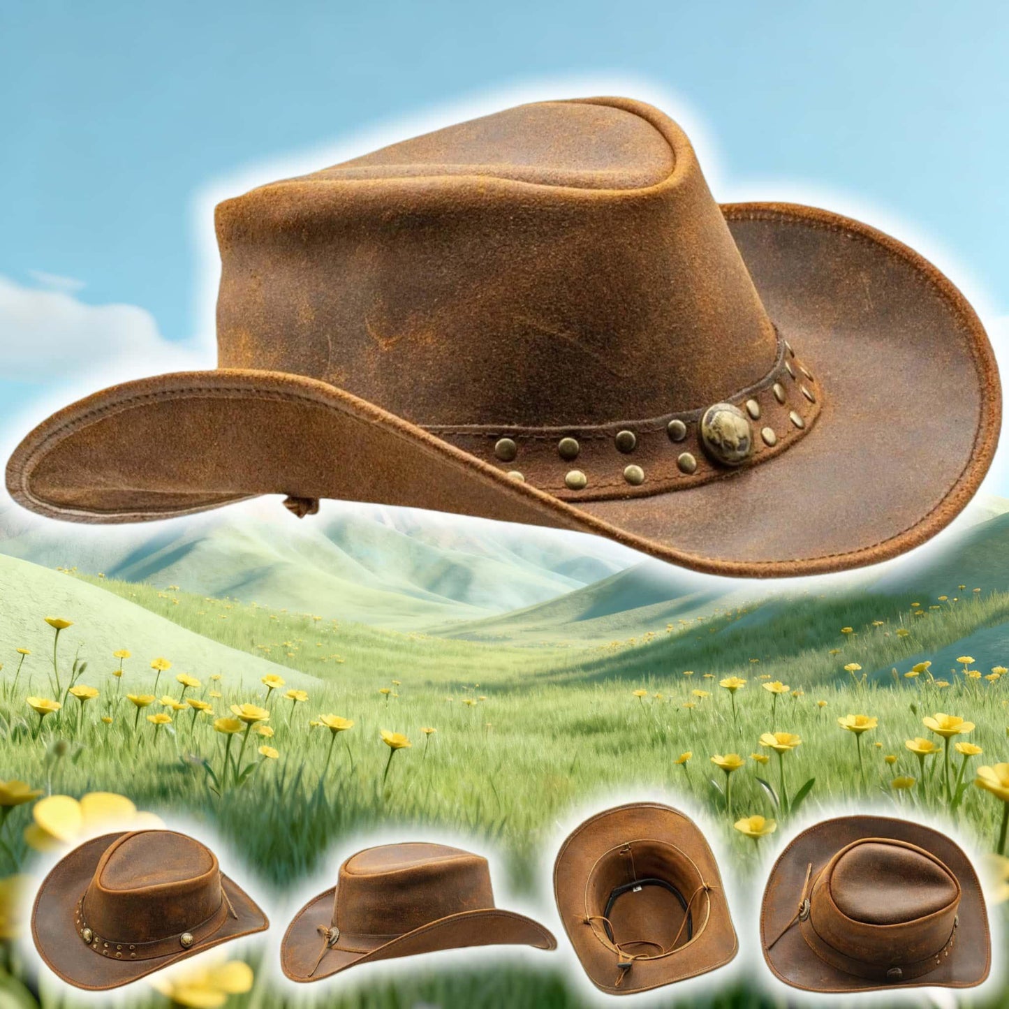 Men and Women Brown Genuine Leather Cowboy Western Hat – Classic Western Hat for Outdoor Adventures, Rodeo, Ranch, Country, Hiking, Travel, Festivals, Camping, Road Trips, Horse Riding, Costume, Halloween Parties – Stylis