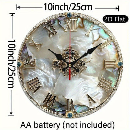 1 luxurious and elegant retro Roman numeral wall clock - 10-inch large round wooden frame, white mother-of-pearl surface, golden hands and black second hand - home and office decorative clock, suitable for living room, bedroo