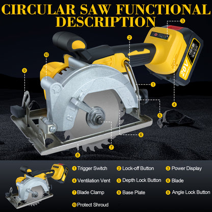 5 Inch Brushless Cordless Circular Saw, 2*3Ah Battery Powered, Adjustable Depth And Angle (0-45°), Four 5-inch Saw Blades, 6900RPM Power Wood Saw with Brushless Motor & Dijital Display, Portable for Wood, Metal, DIY Projects