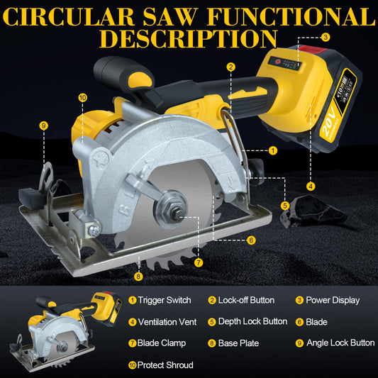 5 Inch Brushless Cordless Circular Saw, 2*3Ah Battery Powered, Adjustable Depth And Angle (0-45°), Four 5-inch Saw Blades, 6900RPM Power Wood Saw with Brushless Motor & Dijital Display, Portable for Wood, Metal, DIY Projects