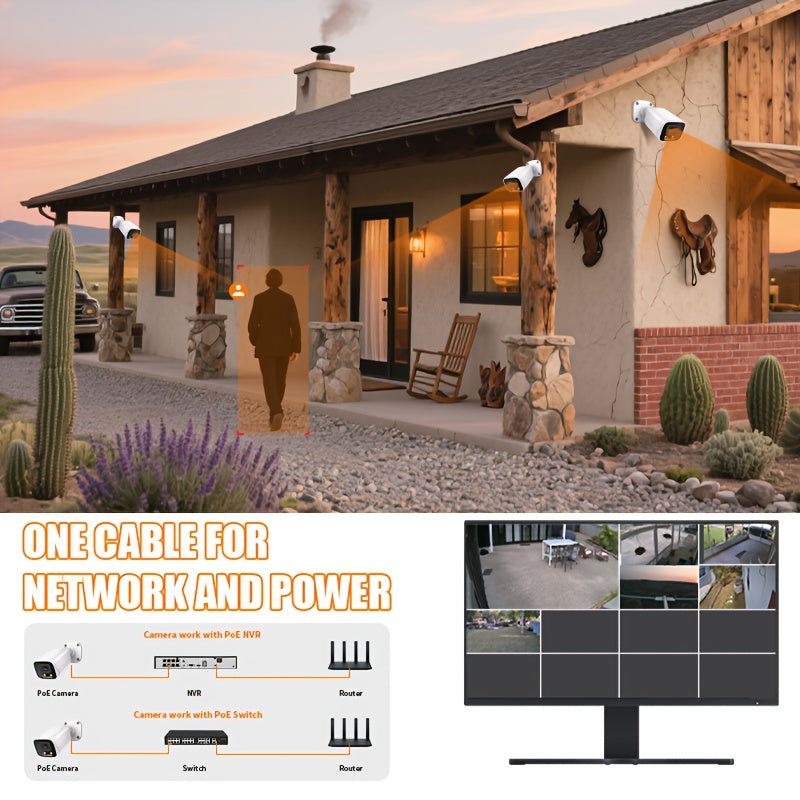POE gun camera, 8-megapixel camera, full-color night vision, human body detection and one-way audio, outdoor video surveillance camera, RTSP/108°/2.8/mm, IP67 metal shell camera, wired network port connected to NVR, Christma