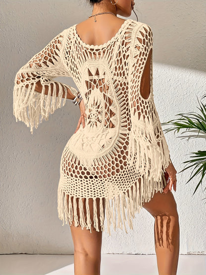 Boho Cover Up Dress Without Bikini - Hollow Out Fringe Design, Sheer Beach Wrap Skirt for Women, Vacay Style Swimwear Cover-Up, Lightweight Bohemian Swimwear Accessory, Bathing Suit Cover Up, Summer Vacation Wear, Bohemian Ch