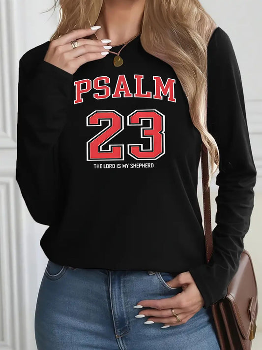 Women's PSALM 23 Print Long Sleeve Round Neck T-Shirt - Sporty Casual Style, Soft & Breathable for Autumn/Winter, 95% Polyester 5% Spandex 180g, Exquisite Printing, Stylish Minimalist Design, Vibrant Comfort