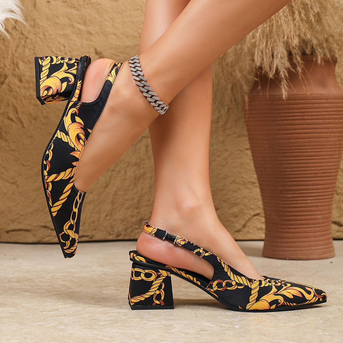 Women's Luxury Golden Chain & Greek Key Print High-Heeled Sandals - Thick Block Heels, Pointed Toe, Black & Golden s with T-Bar Strap & Buckle Closure, Comfortable Sole for Parties, Weddings, - Euro-American Style Elegant
