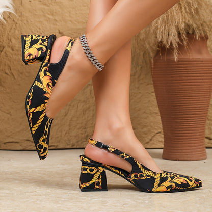 Women's Luxury Golden Chain & Greek Key Print High-Heeled Sandals - Thick Block Heels, Pointed Toe, Black & Golden s with T-Bar Strap & Buckle Closure, Comfortable Sole for Parties, Weddings, - Euro-American Style Elegant