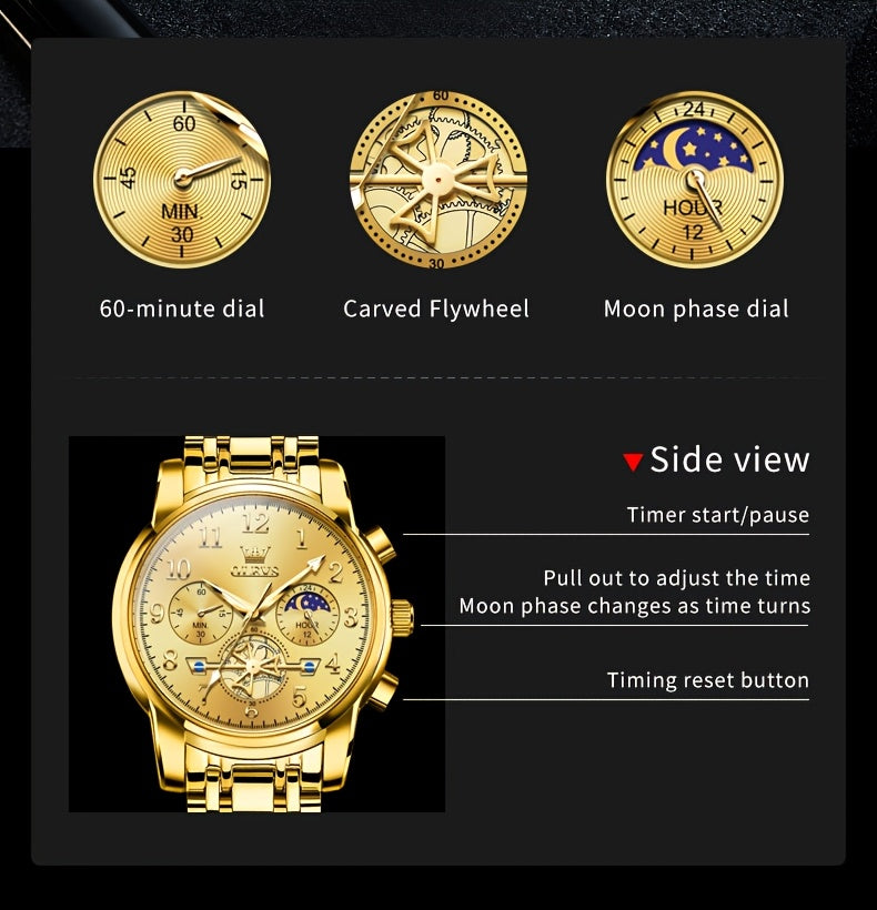 OLEVS Men's Luxury Multifunctional Quartz Watch - Stainless Steel Luminous Analog Watch with Moon Phase, Chronograph, Date/Day/24H Indicator, Golden-Tone & Bracelet for Business, Casual, Casual Attire - Dress Watch