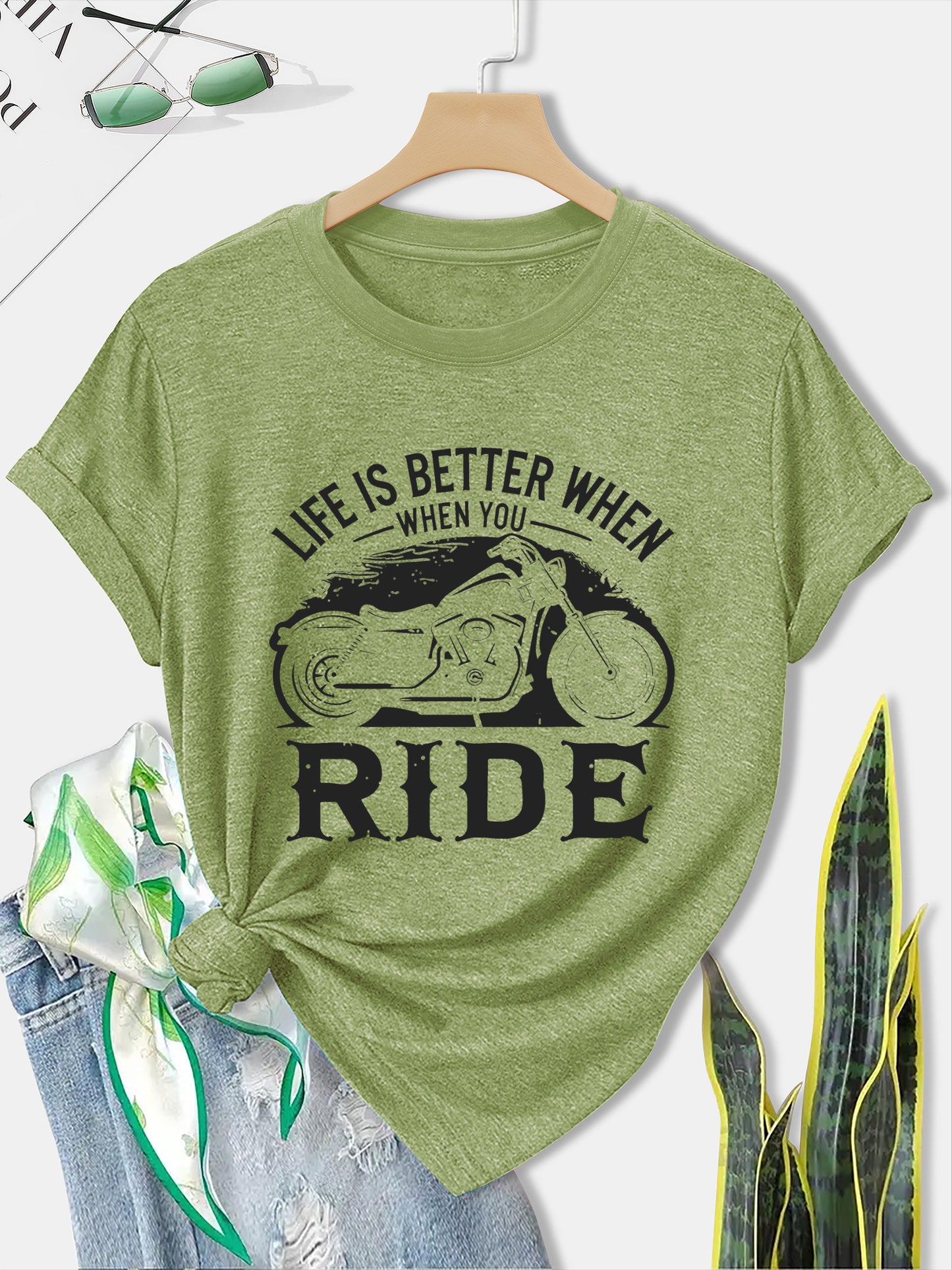 Women'S Motorcycle Graphic Long Sleeve T-Shirt - Turquoise Riding Slogan Print, Loose Fit Casual Top with Round Neck, All-Season Comfort for Motorcycle Enthusiasts, Outdoor Riding & Casual Attire, Breathable & Durable Apparel