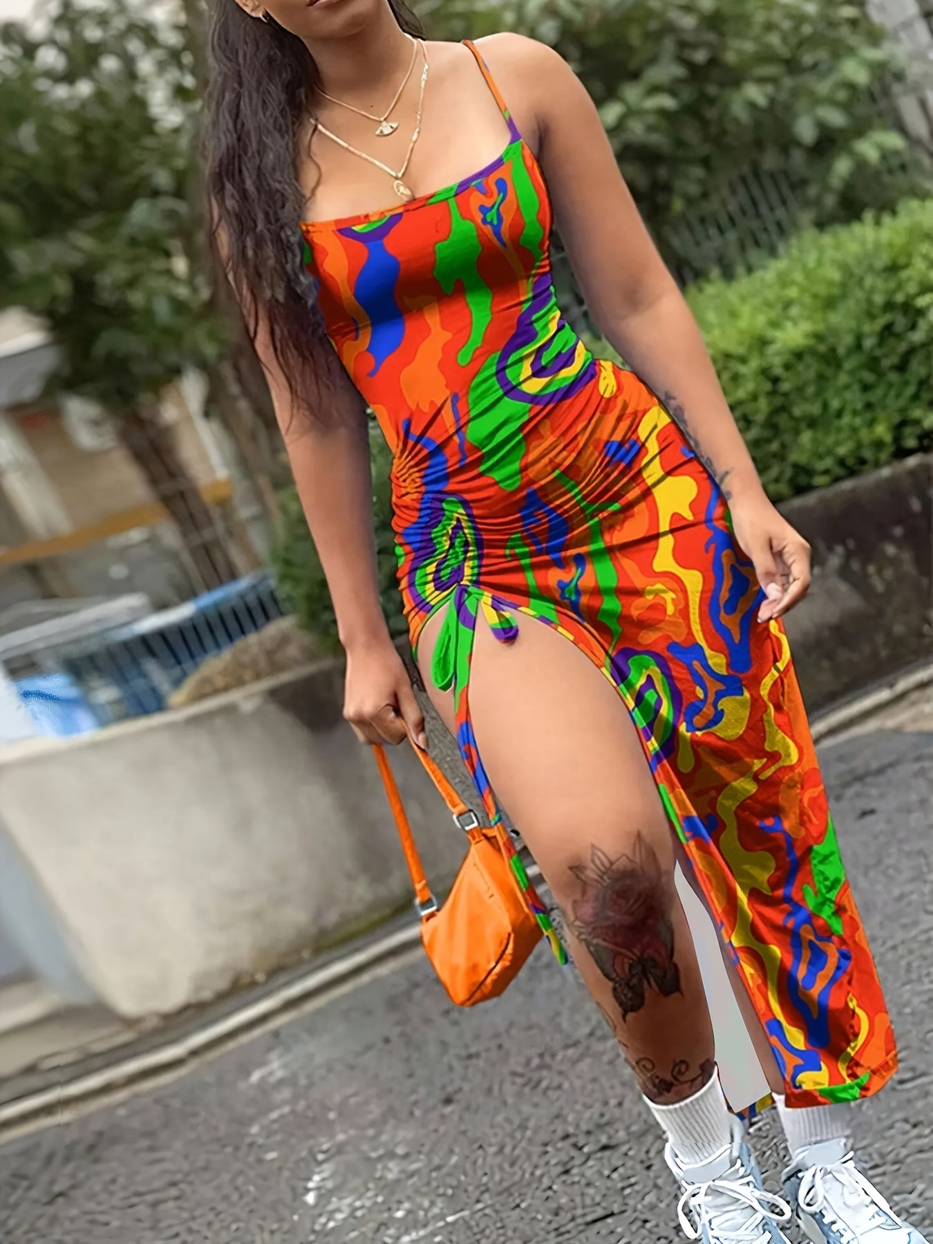 Women's Sexy Geometric Print Open Back Split Hem Dress - Stretchy Spaghetti Strap High Elasticity Machine Washable All-Season Casual to Evening Wear, Street Style Attire | Casual Chic Wear | Accessory Coordination