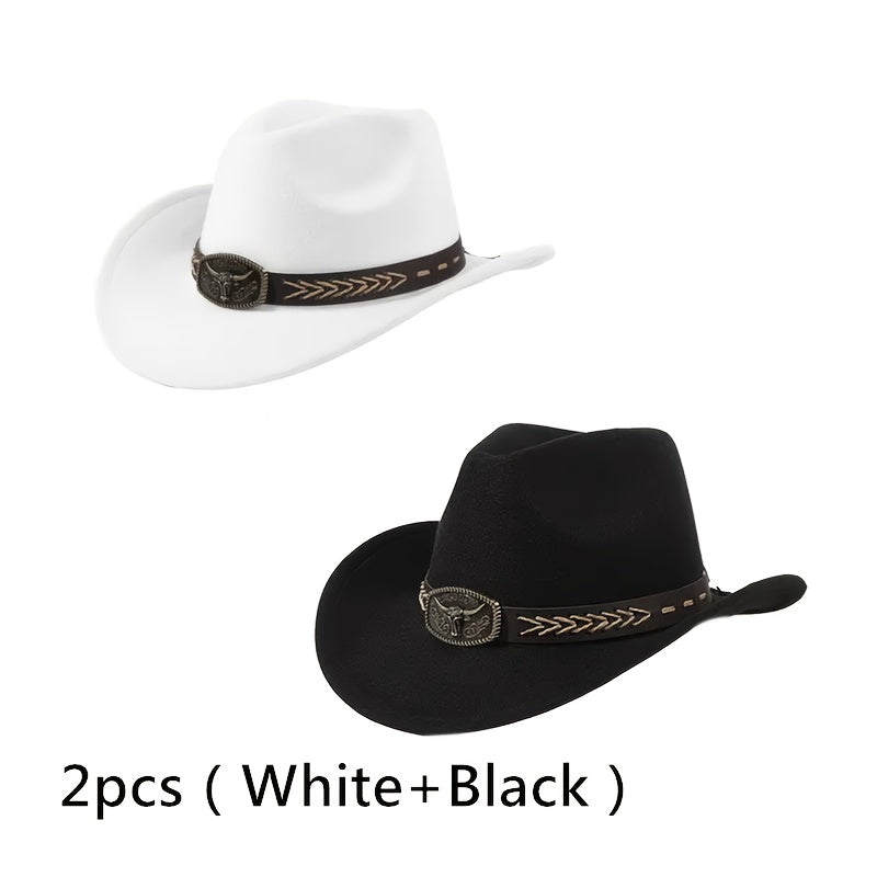 2pcs Western Cowboy Hats for Men & Women - Classic Wide Brim with Metallic Bull Headband, Black PVC-Coated Non-Stretch Fabric, Reinforced Stitching, Hand Wash/Dry Clean - Perfect for Parties, Cosplay, Themed Events & Gifts, C