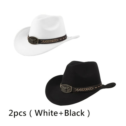 2pcs Western Cowboy Hats for Men & Women - Classic Wide Brim with Metallic Bull Headband, Black PVC-Coated Non-Stretch Fabric, Reinforced Stitching, Hand Wash/Dry Clean - Perfect for Parties, Cosplay, Themed Events & Gifts, C
