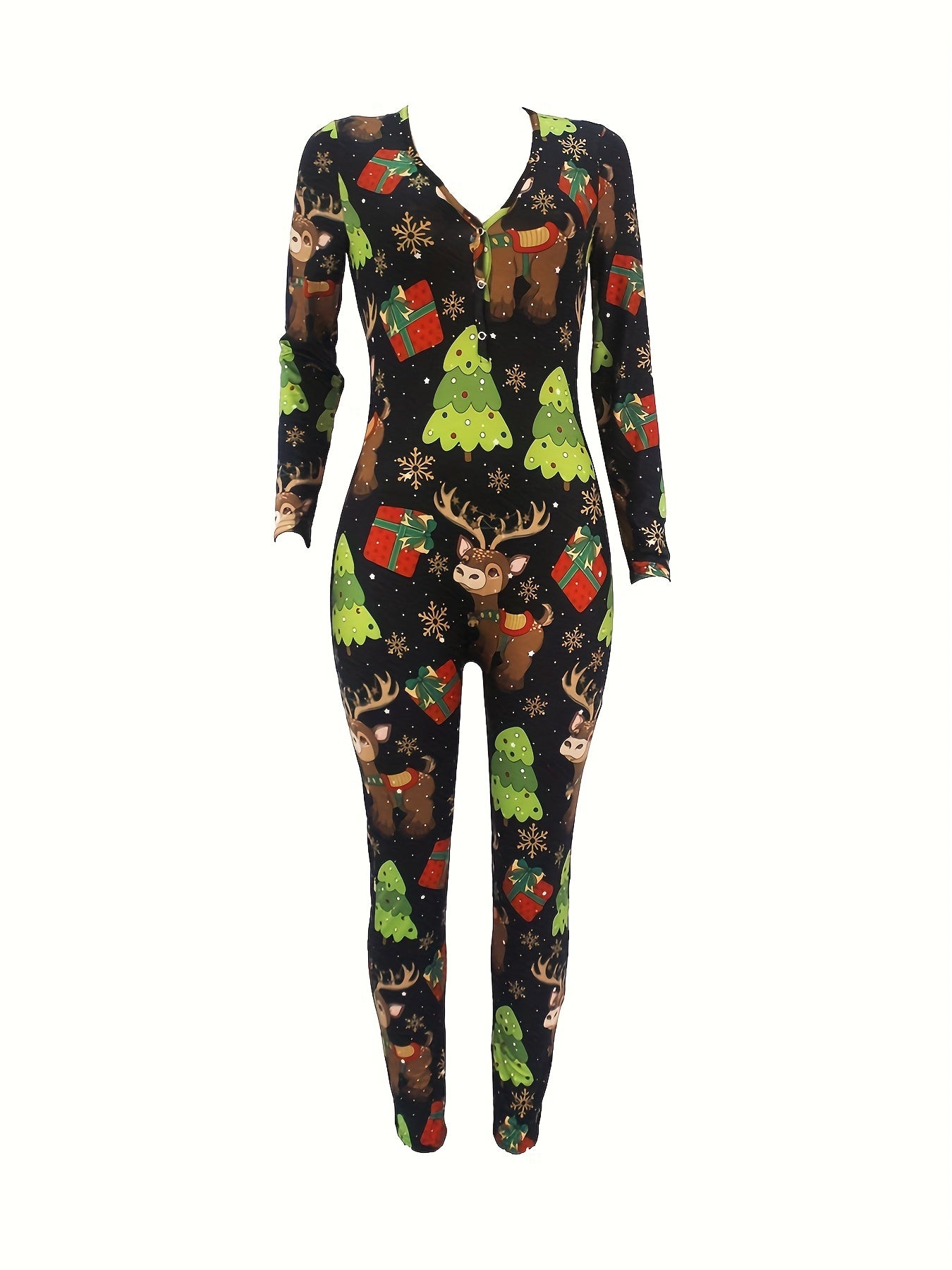 Women'S Christmas Print Off-Shoulder Long Sleeve Jumpsuit - Sexy V-Neck Button-Up Romper with Reindeer & Snowflake Design, Stretchy Polyester Blend, Machine Washable, Perfect for Holiday Loungewear & Sleepwear, Christmas Romp